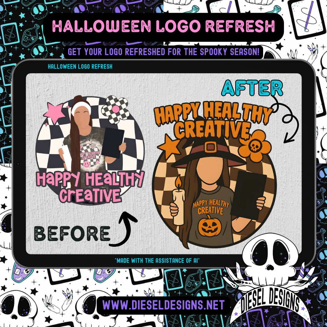 Before and after comparison of 'Happy Healthy Creative' logo design with Halloween theme, featuring a skeleton and text overlay.