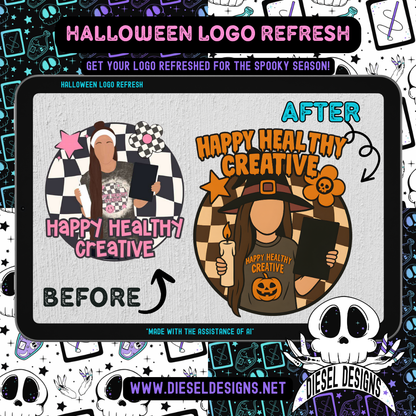 Before and after comparison of 'Happy Healthy Creative' logo design with Halloween theme, featuring a skeleton and text overlay.