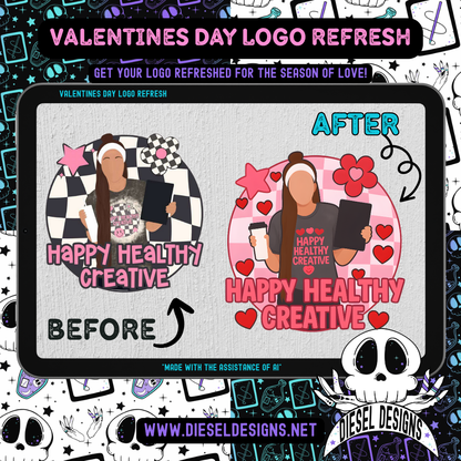 Before and after design of a person with text 'Happy Healthy Creative' on a digital device, with Valentine's Day elements.