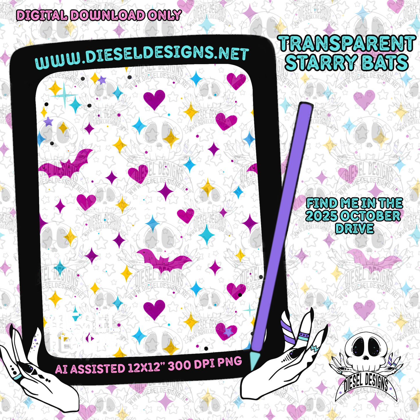 Transparent Starry Bats Seamless | Seamless File | 300 DPI | 12" x 12" | Digital File only