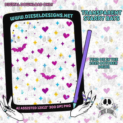 Transparent Starry Bats Seamless | Seamless File | 300 DPI | 12" x 12" | Digital File only