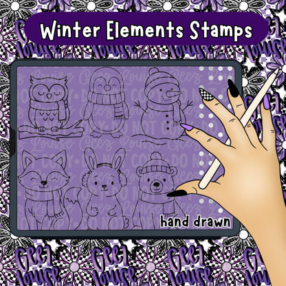 Winter Elements Collab With Geez Louise | Clipart | OTF Fonts | Alpha Sets | Procreate Stamp Set