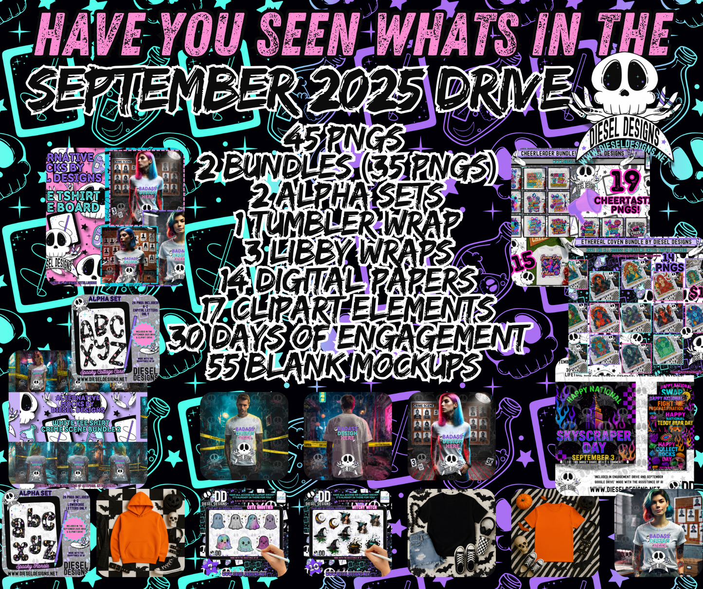 September 2025 Monthly Google Drive | 300 DPI | Transparent PNG | Seamless | Tumbler Wraps | Clipart