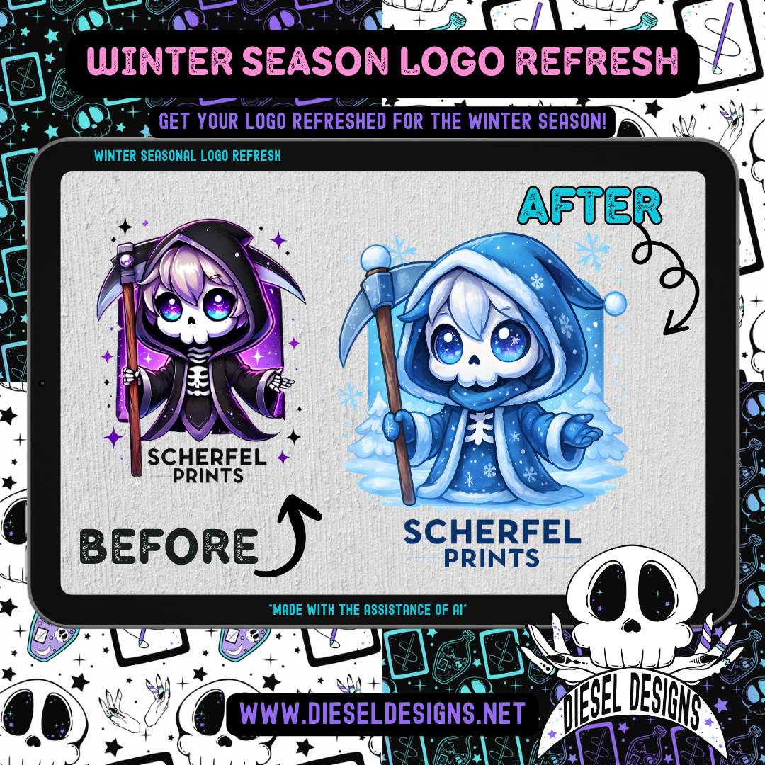Before and after comparison of a logo design with a skeleton character, featuring 'Scherfel Prints' and 'Diesel Designs'.