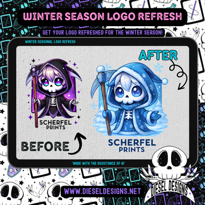Before and after comparison of a logo design with a skeleton character, featuring 'Scherfel Prints' and 'Diesel Designs'.