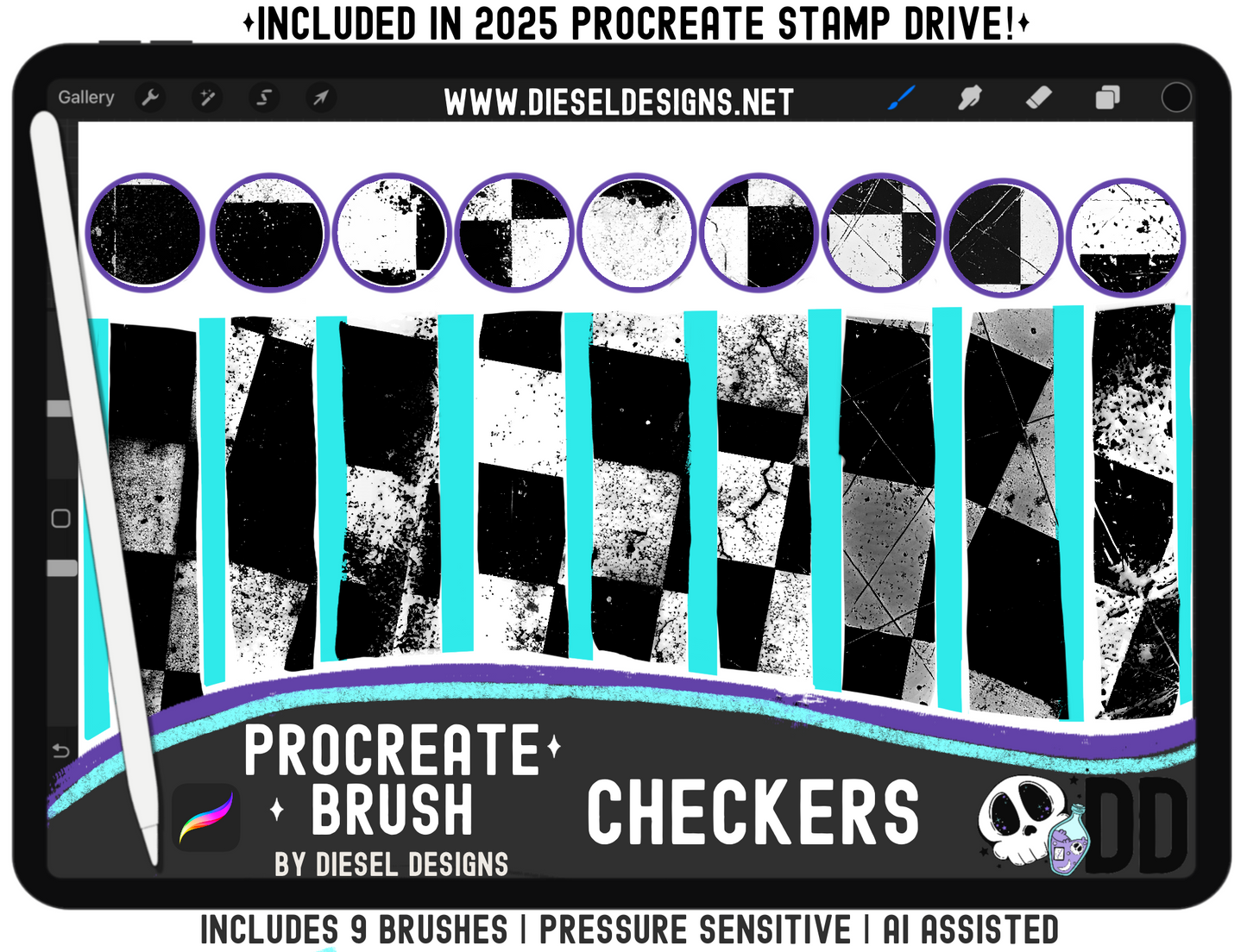 Checkers Procreate Brush Set — 9 Pressure‑Sensitive Grunge Checker Brushes for Fast Edgy Backgrounds (iPad + Apple Pencil)