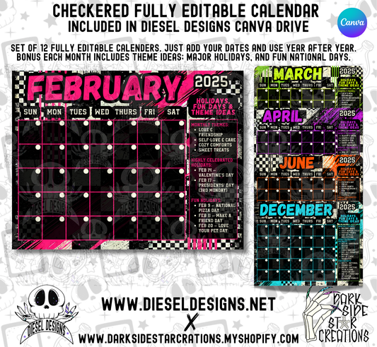 Checkered 12-Month Calendar Canva Template Set | Fully Editable | Reusable Year After Year | Monthly Themes & Holiday Ideas Included