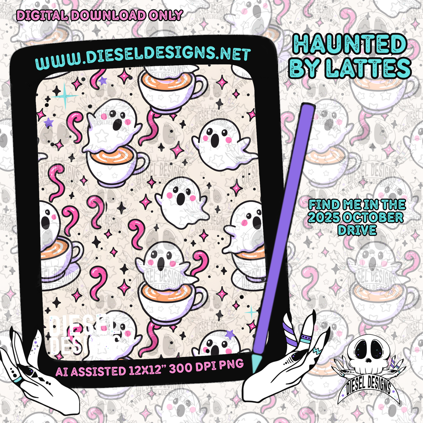 Haunted Lattes V1 Seamless | Seamless File | 300 DPI | 12" x 12" | Digital File only