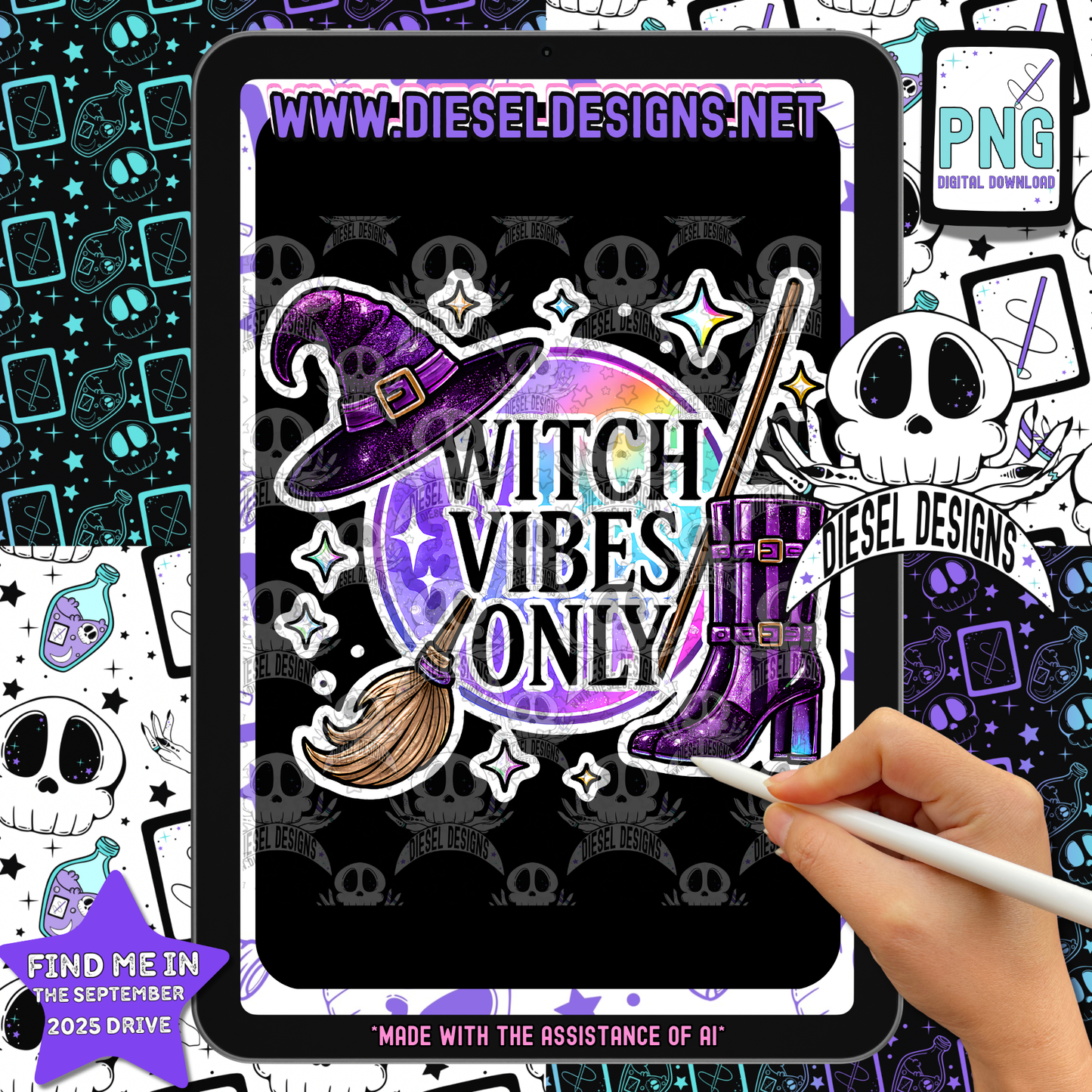 Witch Vibes Only — Glittery Halloween PNG for Shirts, Stickers & Tumblers (300 DPI Digital Download)