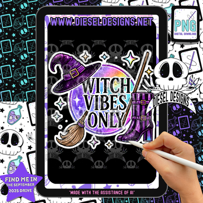 Witch Vibes Only — Glittery Halloween PNG for Shirts, Stickers & Tumblers (300 DPI Digital Download)