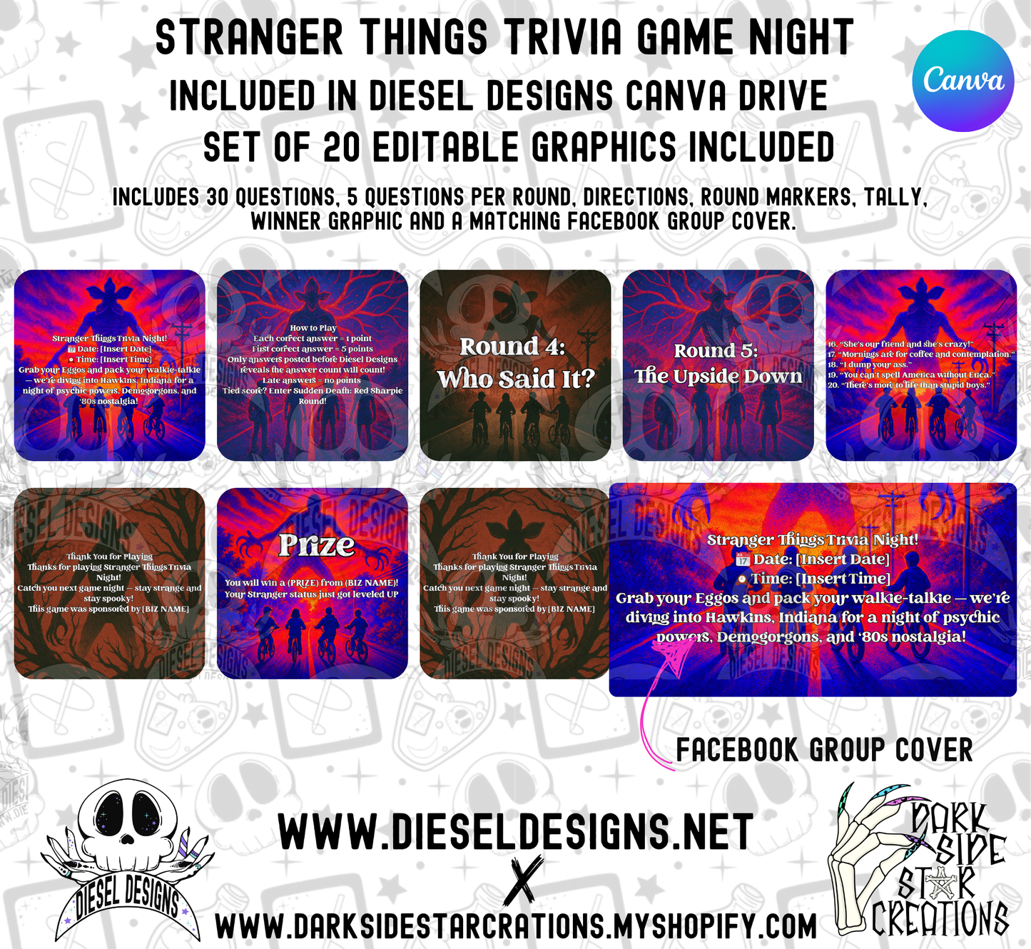 Stranger Things Trivia Game Night Kit — 20 Editable Canva Graphics, 30 Questions, 5 Rounds, Scorecards & Facebook Group Cover (Digital Download) 👾📣