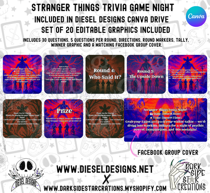 Stranger Things Trivia Game Night Kit — 20 Editable Canva Graphics, 30 Questions, 5 Rounds, Scorecards & Facebook Group Cover (Digital Download) 👾📣