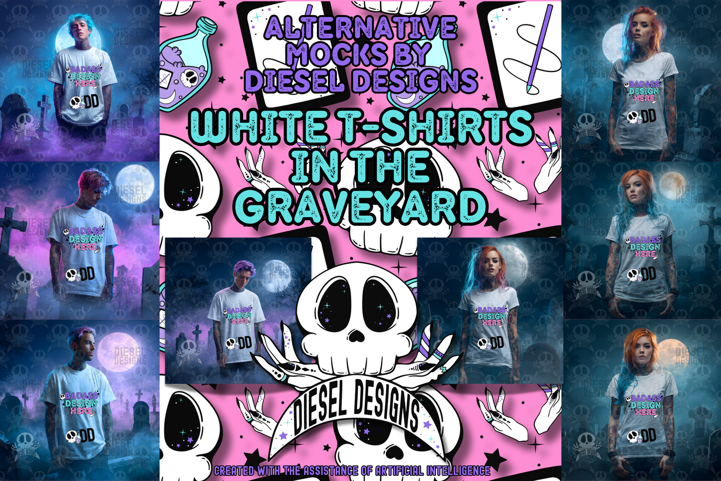 White T-Shirts In The Graveyard Mock Up Bundle | AI Assisted Mock UP | PNG | Bundle