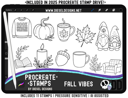 Fall Vibes Procreate Stamp Set — 11 Pressure-Sensitive Stamps for Fast Cozy Autumn Art (iPad + Apple Pencil) 🍁☕️🎃