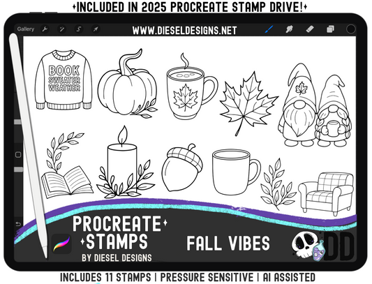 Fall Vibes Procreate Stamp Set — 11 Pressure-Sensitive Stamps for Fast Cozy Autumn Art (iPad + Apple Pencil) 🍁☕️🎃