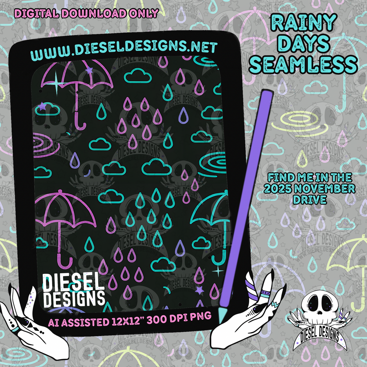 Rainy Day Seamless | Seamless File | 300 DPI | 12" x 12" | Digital File only