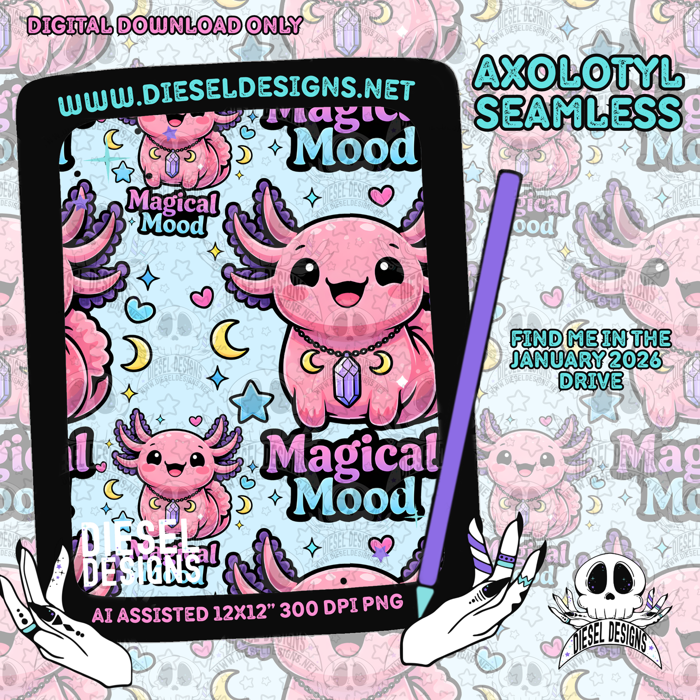 Axolotyl Seamless | Seamless File | 300 DPI | 12" x 12" | Digital File only