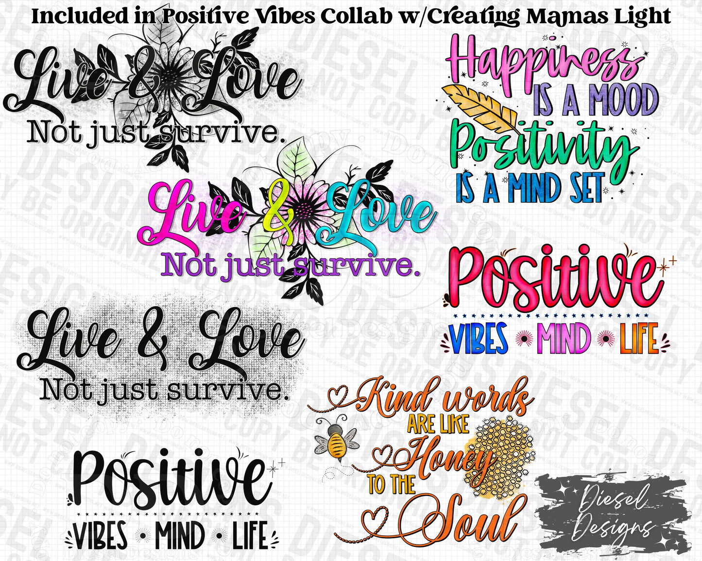 Positive Vibes with Diesel Designs &  Creating Mama's Lights| 300 DPI | PNG | Seamless | Tumbler Wraps | Collab |