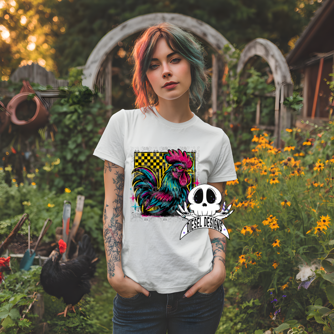 Neon Retro Rooster — Farmhouse Checkerboard PNG for Shirts, Stickers & Tumblers (300 DPI Digital Download) 🐓✨