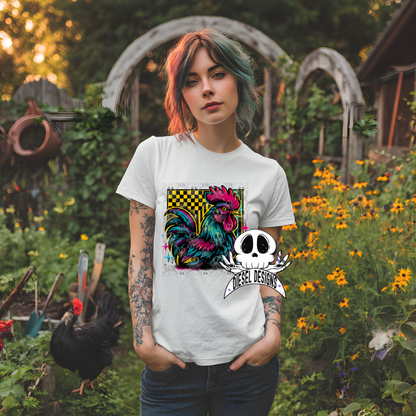 Neon Retro Rooster — Farmhouse Checkerboard PNG for Shirts, Stickers & Tumblers (300 DPI Digital Download) 🐓✨