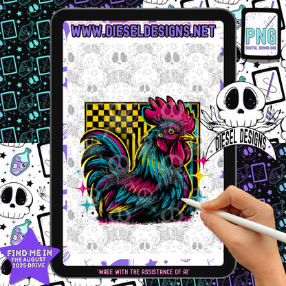 Neon Retro Rooster — Farmhouse Checkerboard PNG for Shirts, Stickers & Tumblers (300 DPI Digital Download) 🐓✨