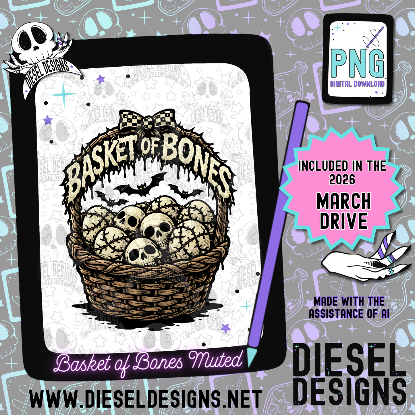 Basket Of Bones Muted PNG  | 300 DPI | Transparent PNG | Digital File Only