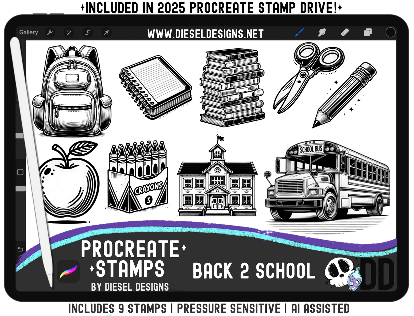 Back 2 School Procreate Stamp Set — 9 Pressure‑Sensitive Stamps for Fast Classroom &amp; Teacher Graphics (iPad + Apple Pencil) 🚌✏️📚