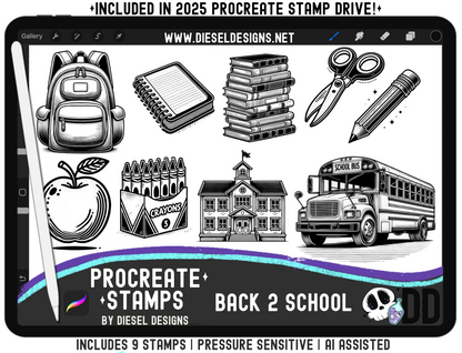 Back 2 School Procreate Stamp Set — 9 Pressure‑Sensitive Stamps for Fast Classroom &amp; Teacher Graphics (iPad + Apple Pencil) 🚌✏️📚