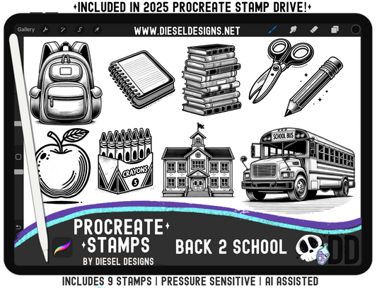 Back 2 School Procreate Stamp Set — 9 Pressure‑Sensitive Stamps for Fast Classroom &amp; Teacher Graphics (iPad + Apple Pencil) 🚌✏️📚