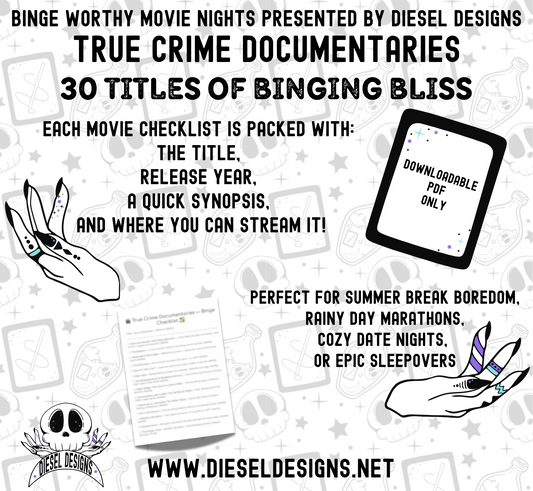 True Crime Documentaries Binge Worthy Checklist | Digital Download Only | PDF File