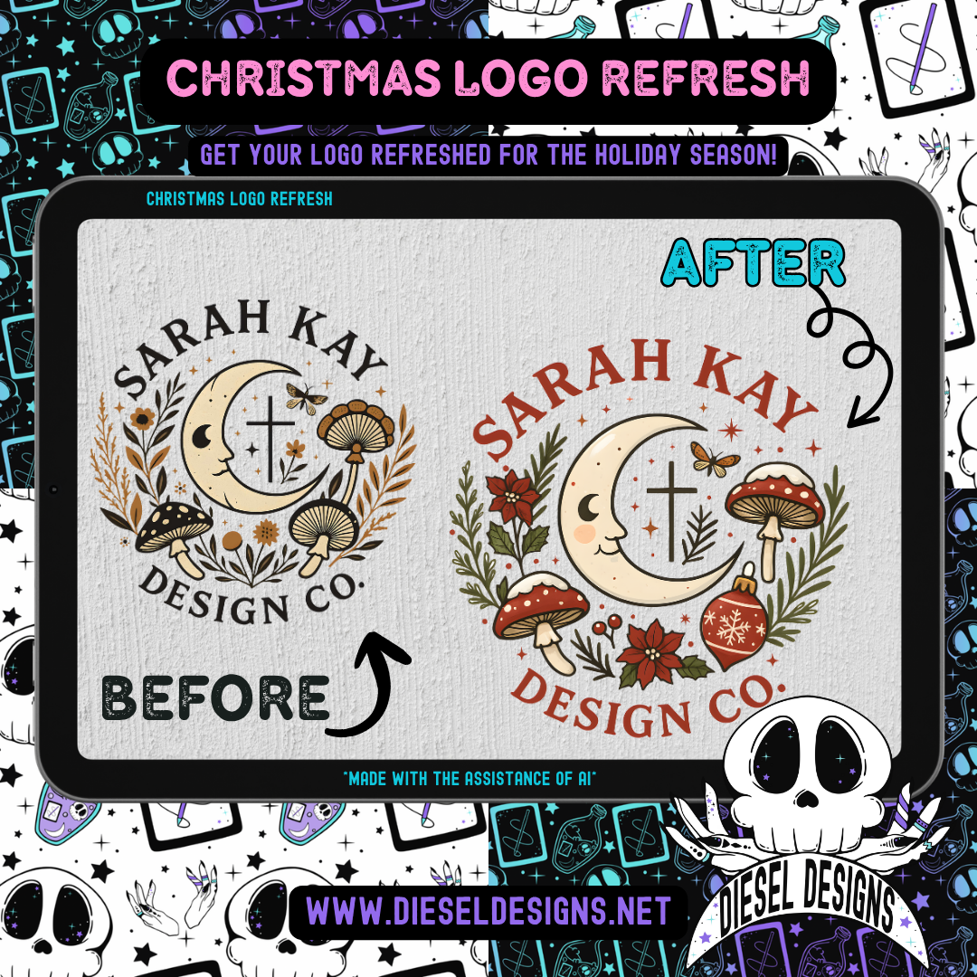 Before and after design of Sarah Kay Design Co. logo with Christmas-themed elements on a tablet screen.