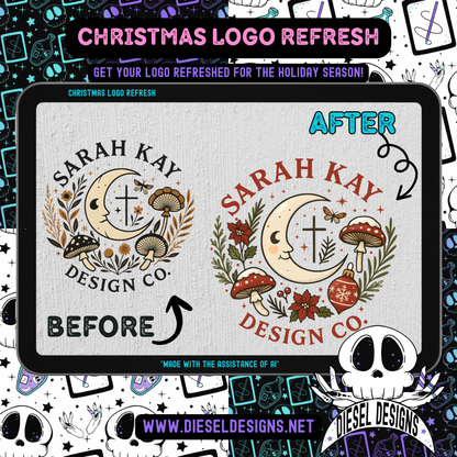 Before and after design of Sarah Kay Design Co. logo with Christmas-themed elements on a tablet screen.
