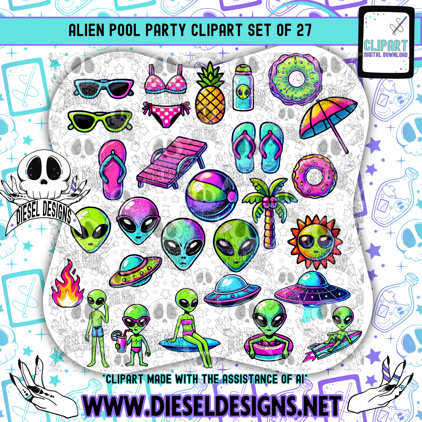 Alien Pool Party Clipart & Elements Set of 27 | 300 DPI | Transparent PNG | Clipart & Elements |
