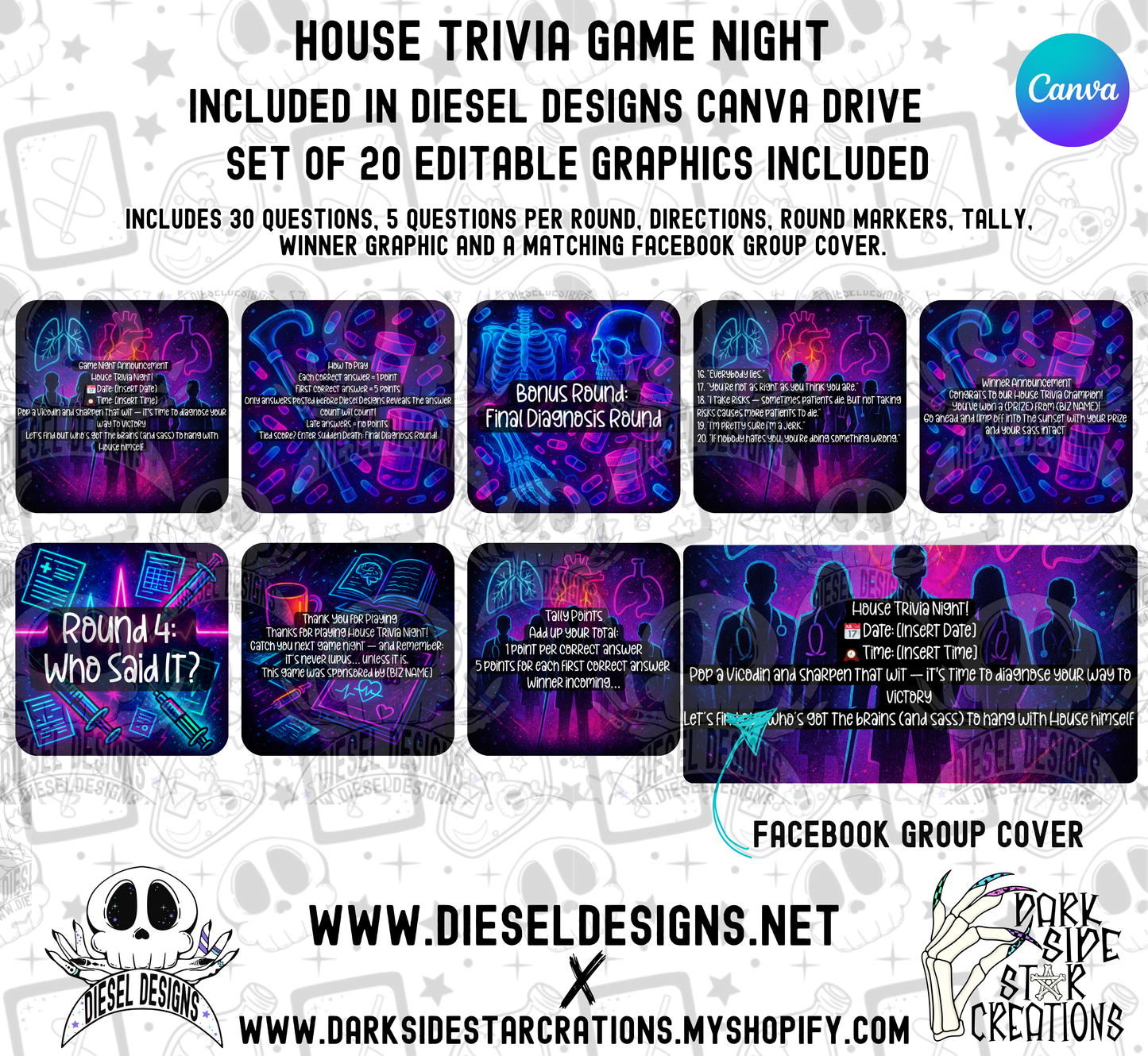 House Trivia Game Night Kit — 20 Editable Canva Graphics, 30 Questions, 5 Rounds, Scorecards & Facebook Group Cover (Digital Download) 👾📣