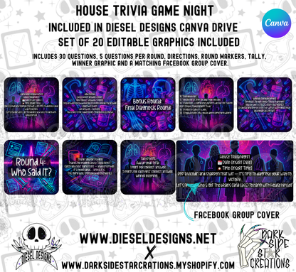 House Trivia Game Night Kit — 20 Editable Canva Graphics, 30 Questions, 5 Rounds, Scorecards & Facebook Group Cover (Digital Download) 👾📣