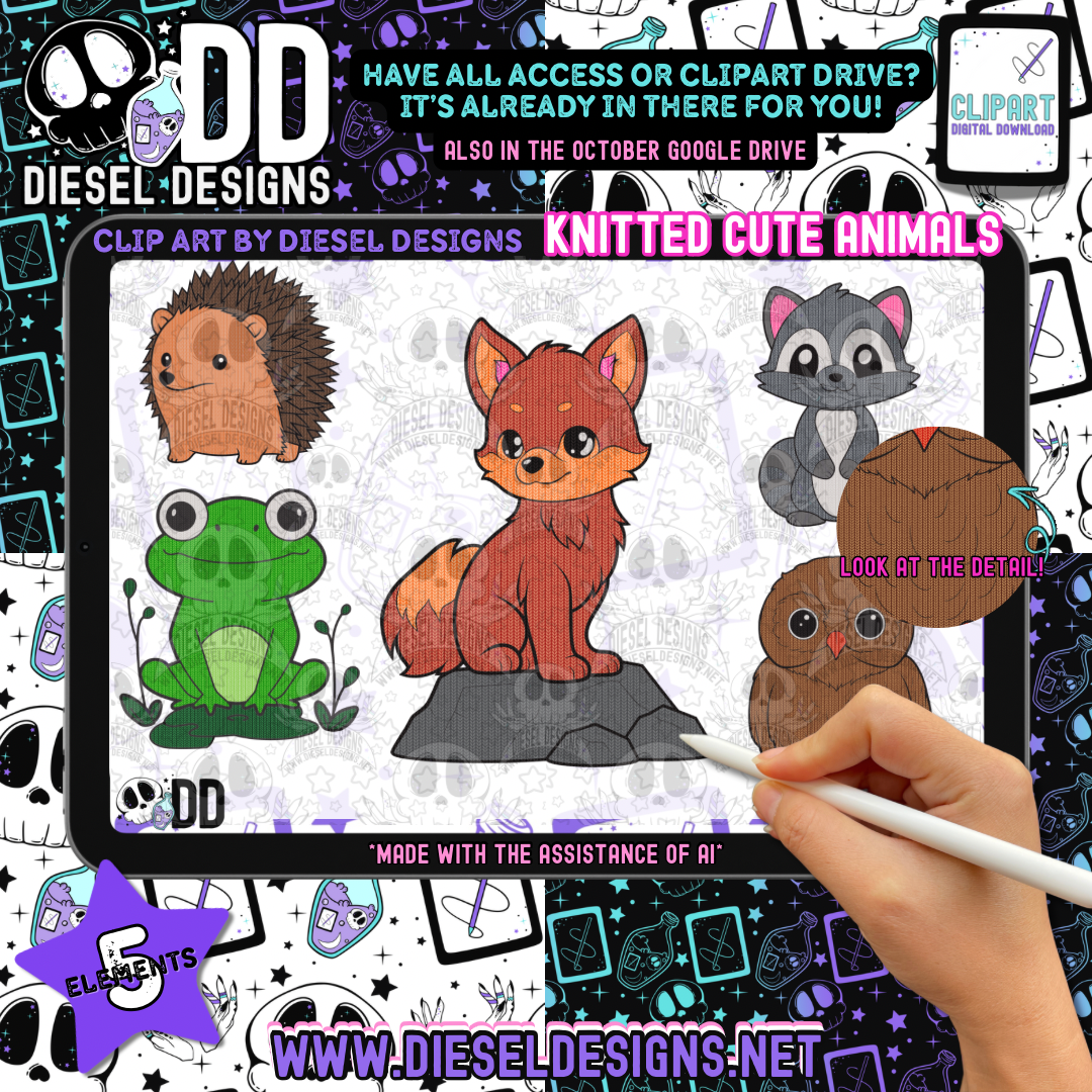 Knitted Cute Animals Clipart & Elements Set of 5 | 300 DPI | Transparent PNG | Clipart & Elements |