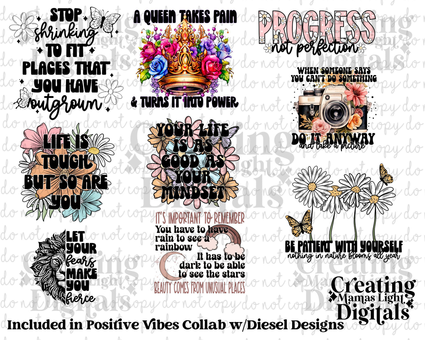 Positive Vibes with Diesel Designs &  Creating Mama's Lights| 300 DPI | PNG | Seamless | Tumbler Wraps | Collab |