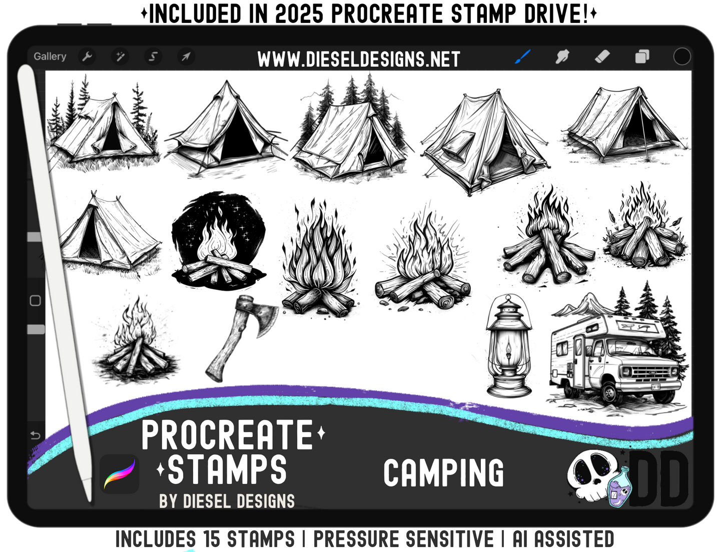 Camping Procreate Stamp Set — 15 Pressure‑Sensitive Stamps for Fast Outdoor & Adventure Art (iPad + Apple Pencil)
