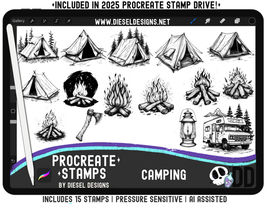 Camping Procreate Stamp Set — 15 Pressure‑Sensitive Stamps for Fast Outdoor & Adventure Art (iPad + Apple Pencil)