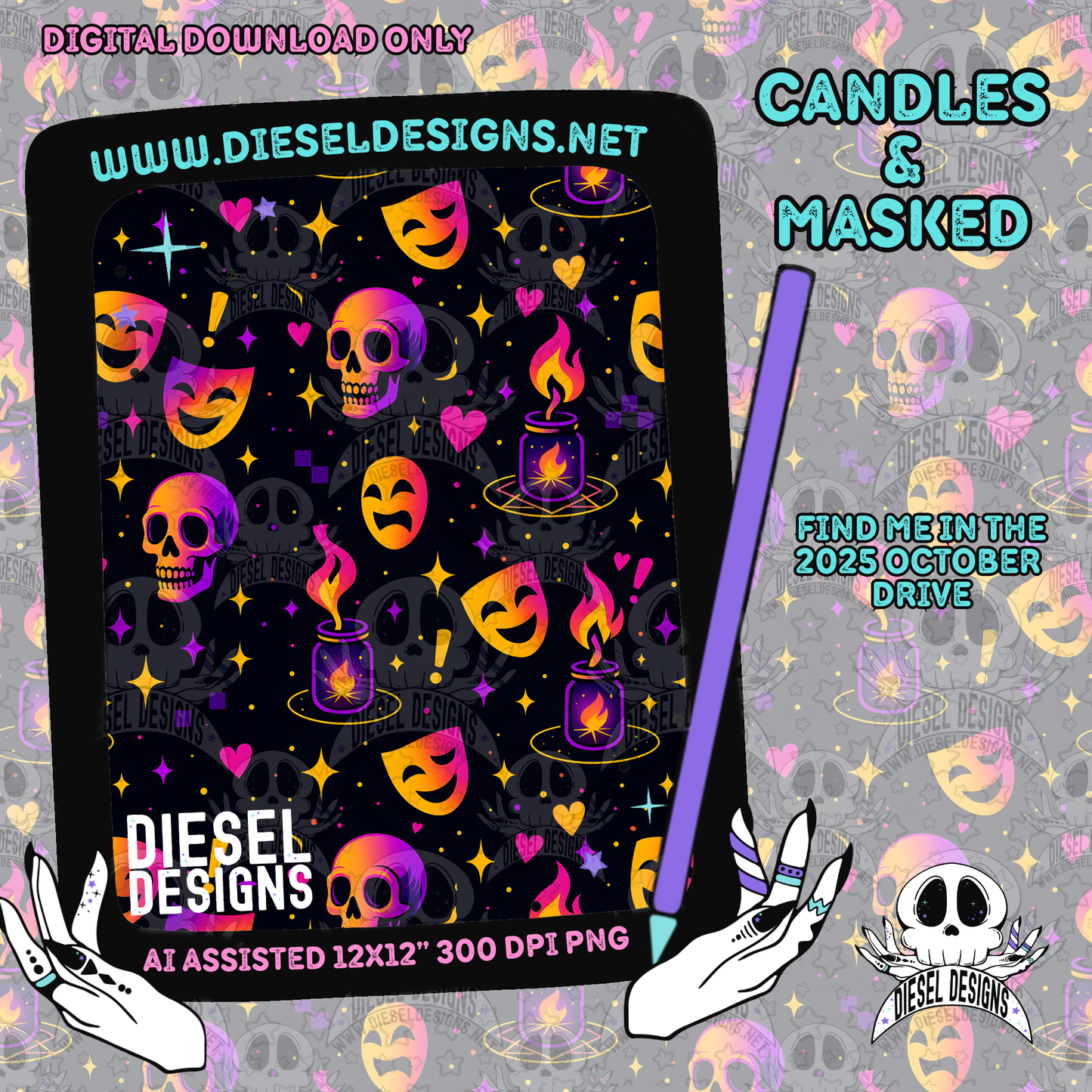Candles and Masked Seamless | Seamless File | 300 DPI | 12" x 12" | Digital File only