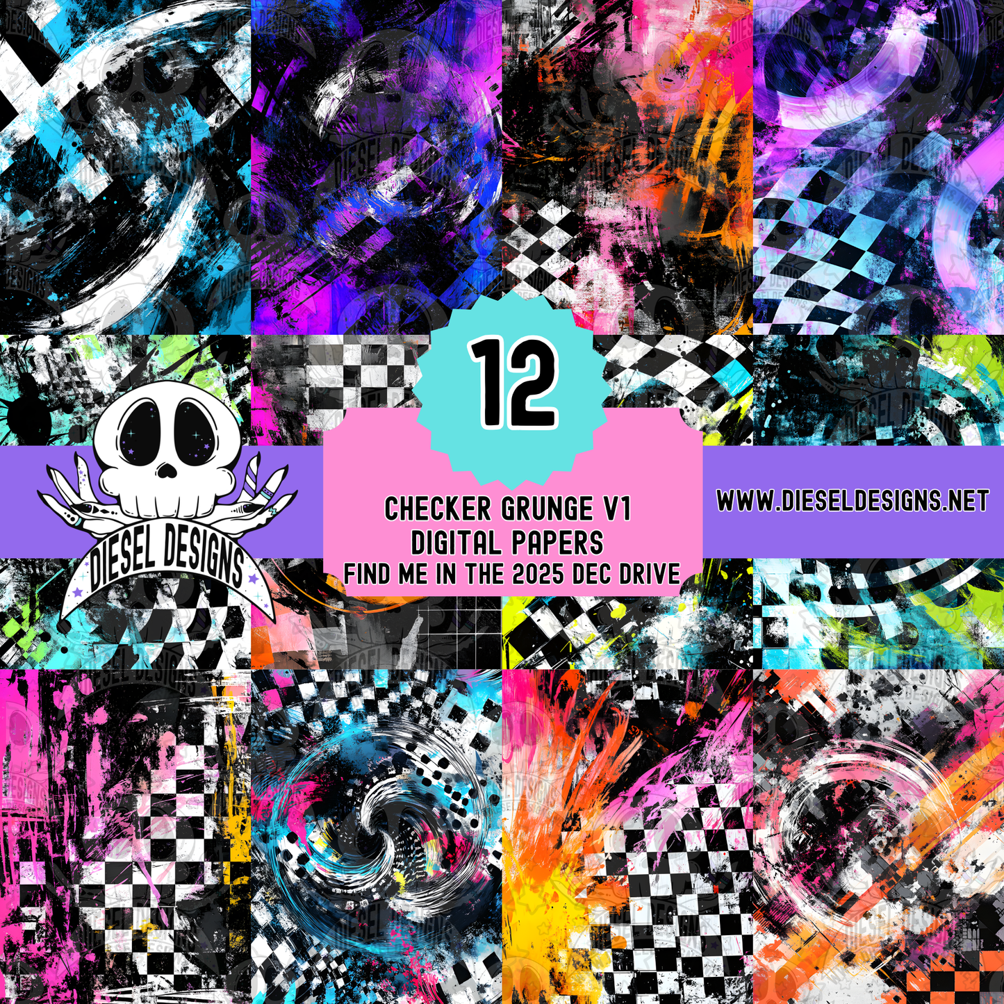 Checker Grunge V1 Digital Papers Set | 300 DPI | Transparent PNG | Clipart & Elements | Digital Paper