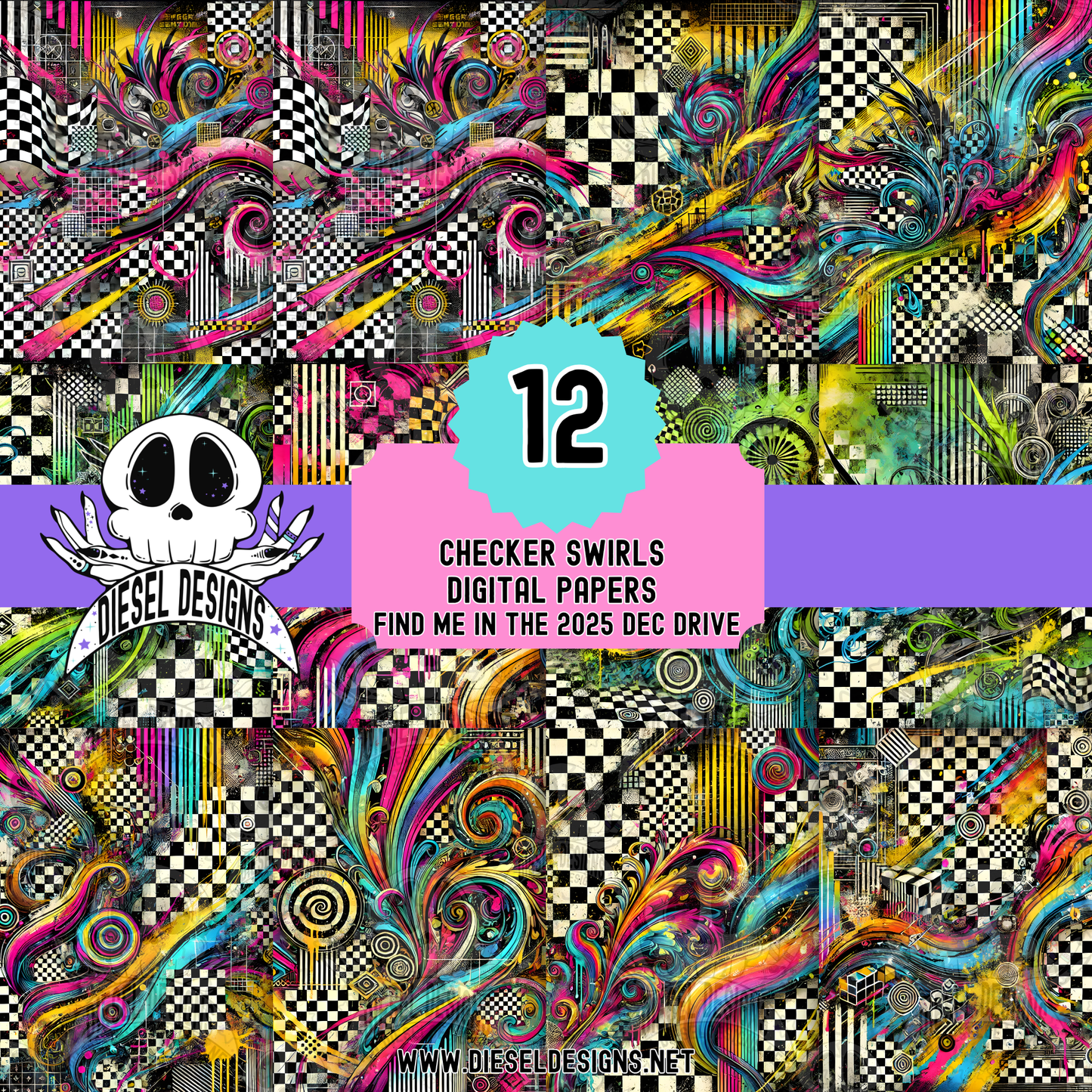 Checker Swirls Digital Papers Set | 300 DPI | Transparent PNG | Clipart & Elements | Digital Paper