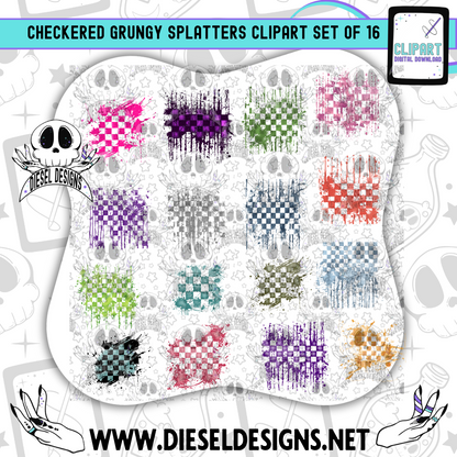 Checkered Grungy Splatters Clipart Set of 16 Clipart & Elements Set | 300 DPI | Transparent PNG | Clipart & Elements |