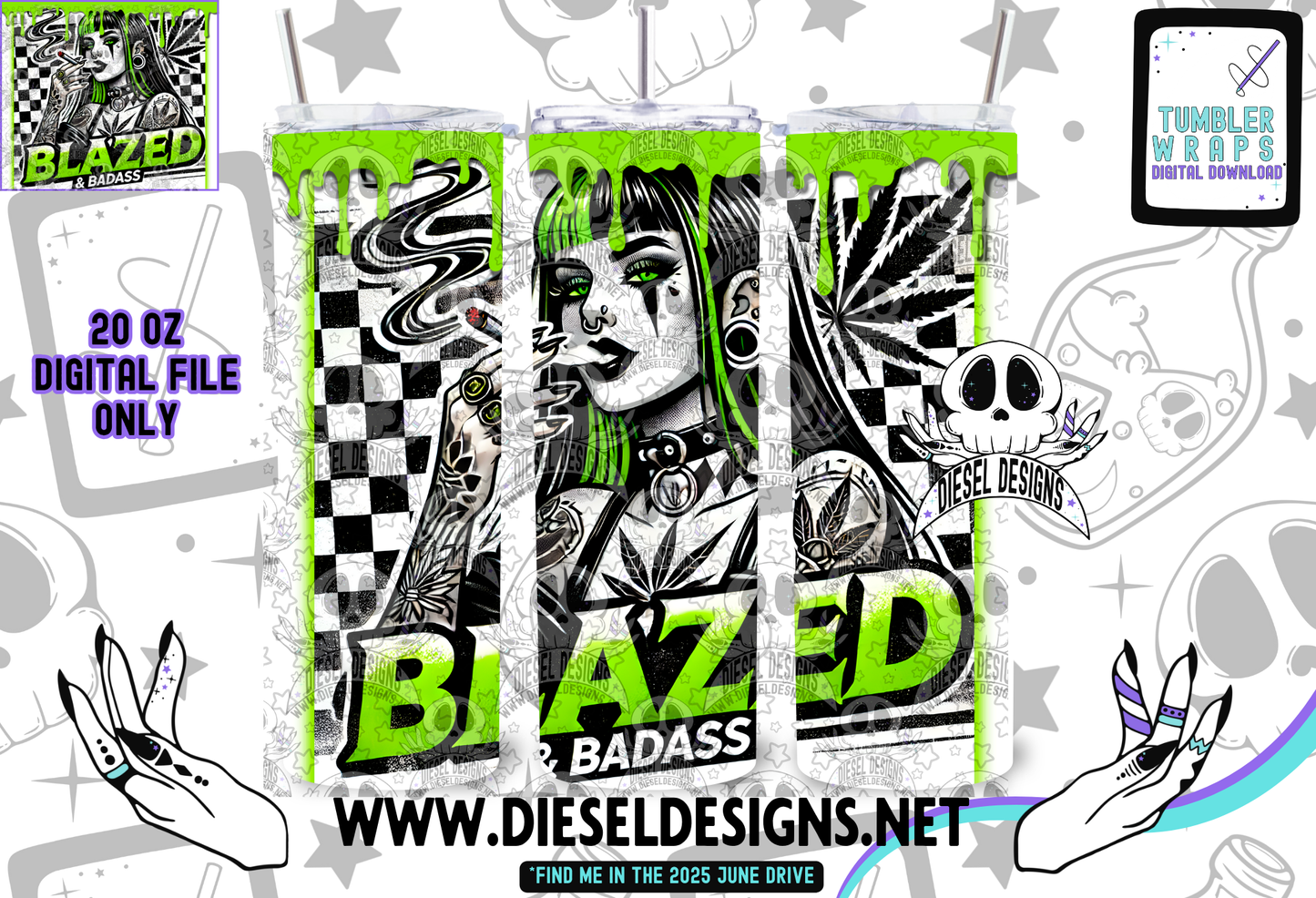 Blazed Bad Ass Tumbler Wrap White | 20oz. Tumbler Wrap | 300 DPI | Digital File Only