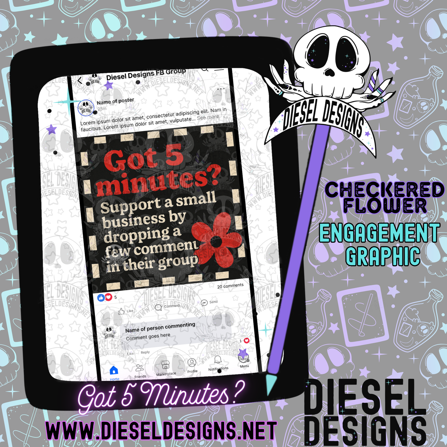Got 5 Minutes? Checkered Flower | Digital Engagement Graphic for Small Business Owners & Facebook Groups
