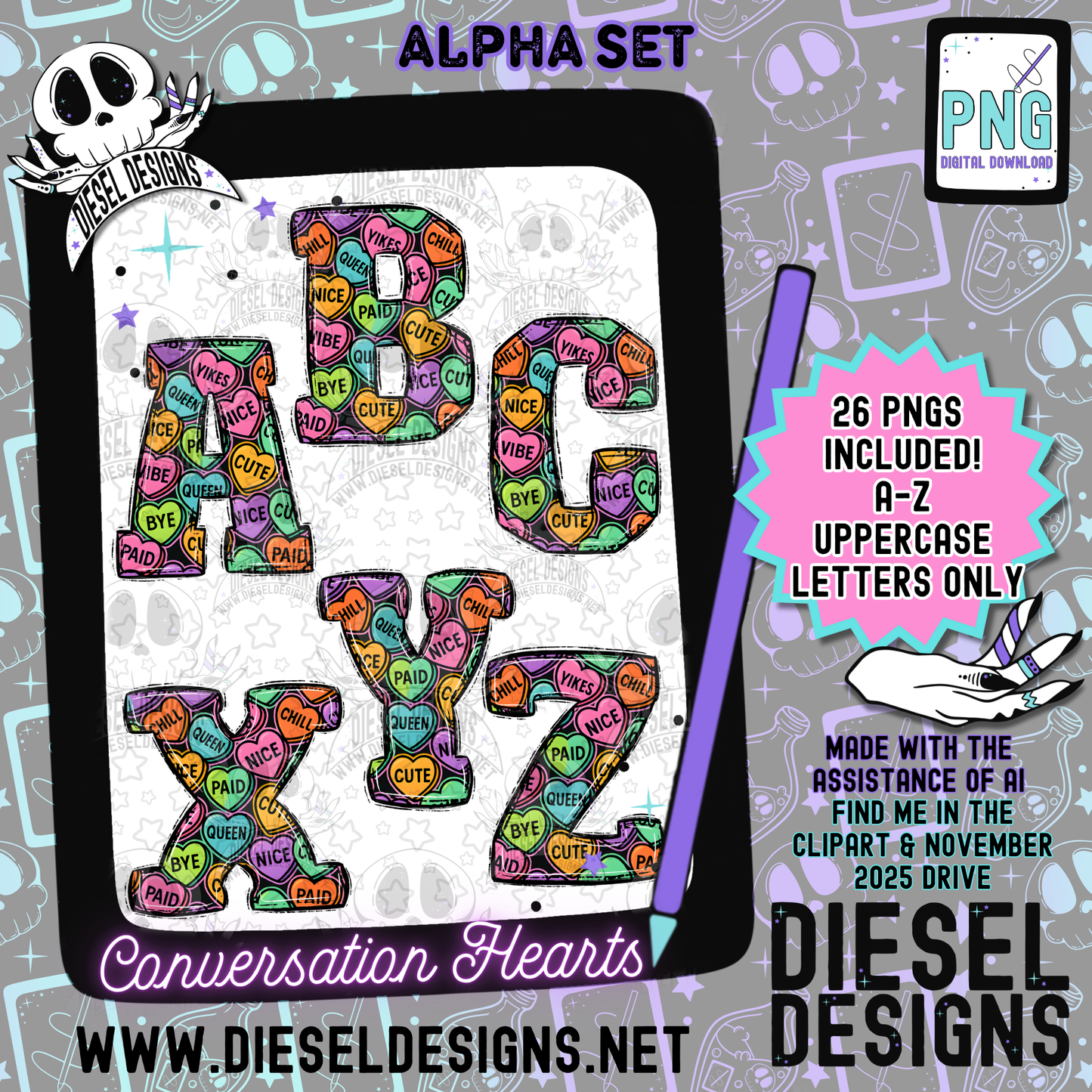 Conversation Hearts Alpha Set Set | 300 DPI | Transparent PNG | Alpha Set | A-Z Included | Uppercase