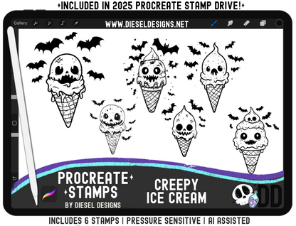 Creepy Ice Cream Procreate Stamp Set — 6 Pressure‑Sensitive Stamps for Fast Spooky‑Cute Art (iPad + Apple Pencil)