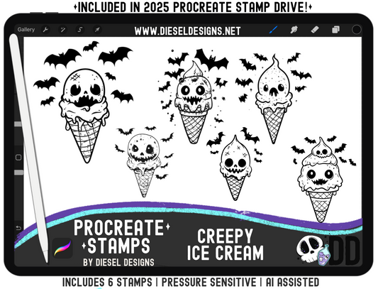 Creepy Ice Cream Procreate Stamp Set — 6 Pressure‑Sensitive Stamps for Fast Spooky‑Cute Art (iPad + Apple Pencil)