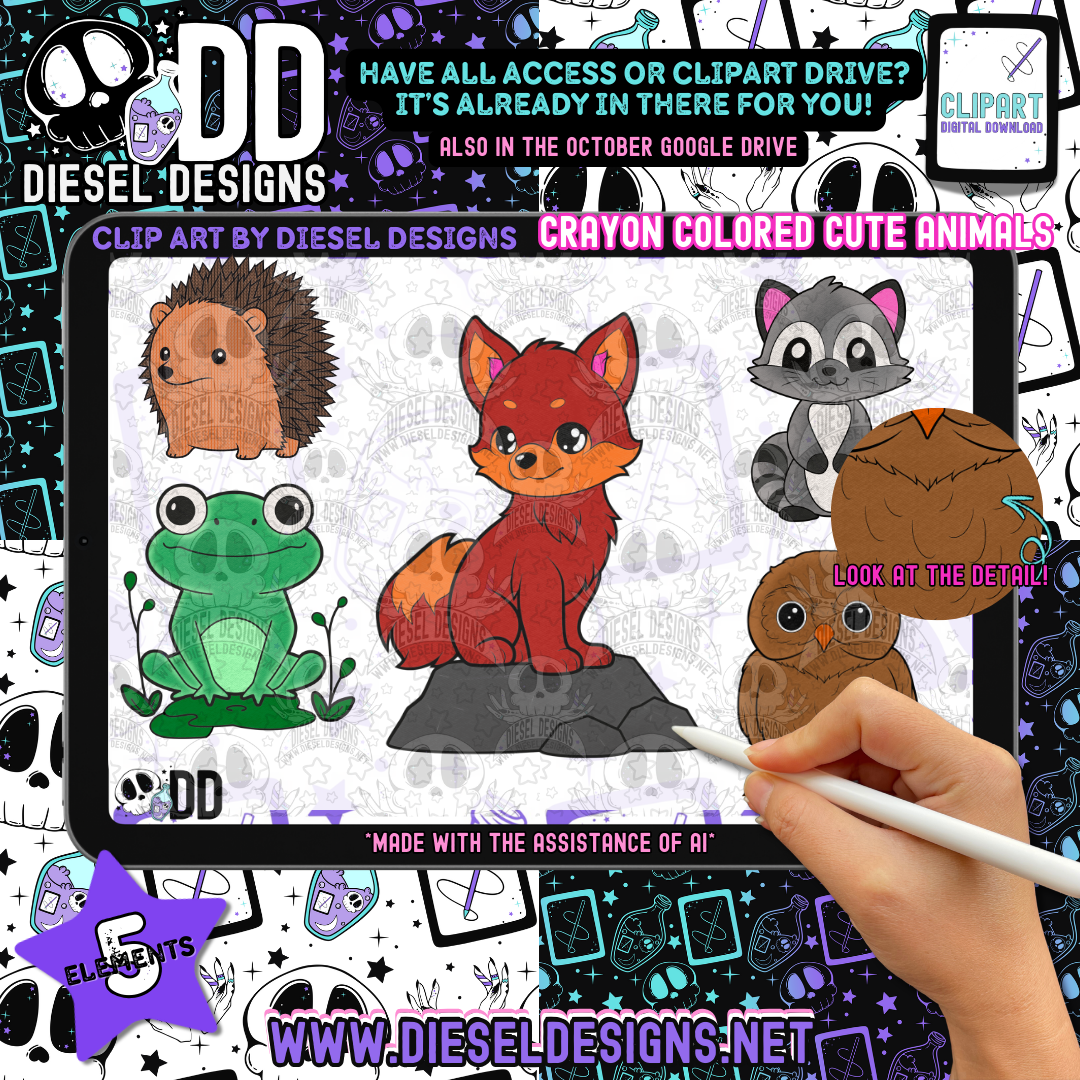 Crayon Colored Cute Animals Clipart & Elements Set of 5 | 300 DPI | Transparent PNG | Clipart & Elements |