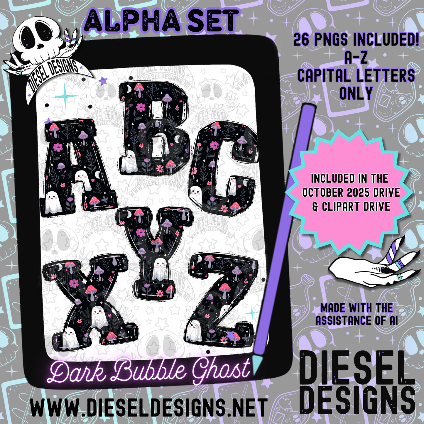 Dark Bubble Ghost Alpha Set | 300 DPI | Transparent PNG | Alpha Set | A-Z Included |Uppercase